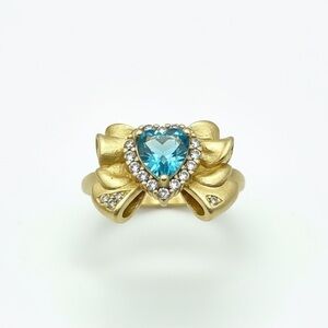 BRUSHED GOLD BLUE HEART CZ BOW ADJUSTABLE RING